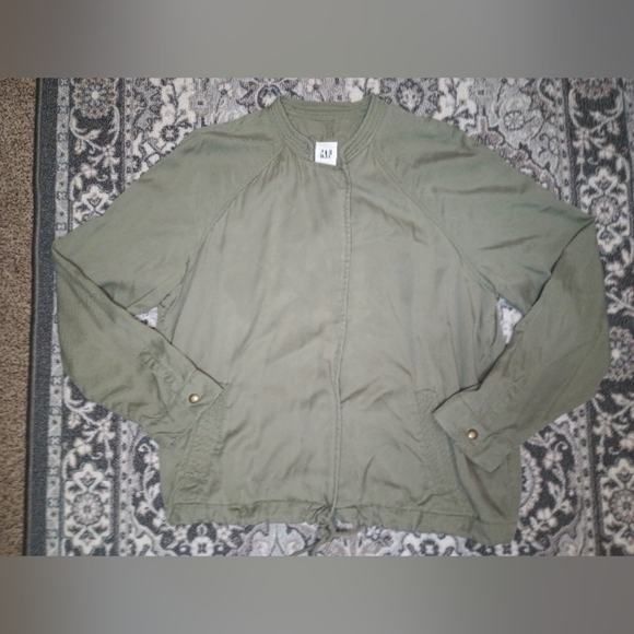 Gap Tencel Lyocell Olive Green Bomber Jacket Womens XL Snap Cinced Grunge - Picture 2 of 15